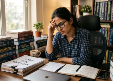Distressed Indian medical student looking at NEET 2026 DOCS paper leak documents at her desk.