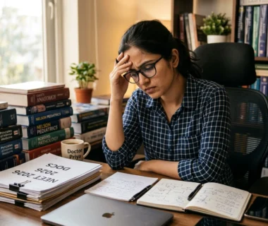 Distressed Indian medical student looking at NEET 2026 DOCS paper leak documents at her desk.