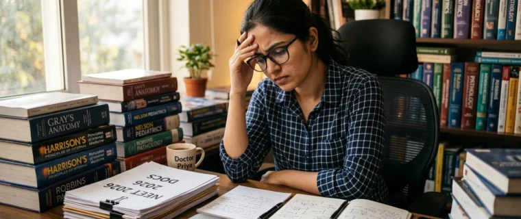 Distressed Indian medical student looking at NEET 2026 DOCS paper leak documents at her desk.