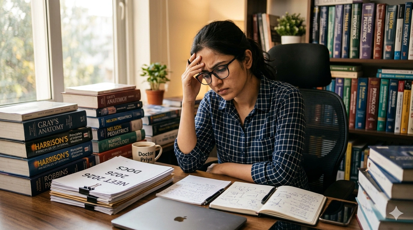 Distressed Indian medical student looking at NEET 2026 DOCS paper leak documents at her desk.