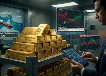 Illustration showing RBI gold reserves, Indian rupee volatility, forex intervention and the debate over alleged gold sales during the 2026 currency crisis.
