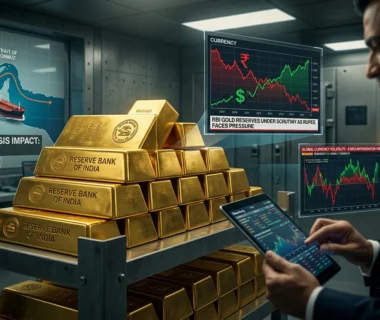 Illustration showing RBI gold reserves, Indian rupee volatility, forex intervention and the debate over alleged gold sales during the 2026 currency crisis.