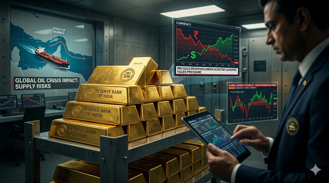 Illustration showing RBI gold reserves, Indian rupee volatility, forex intervention and the debate over alleged gold sales during the 2026 currency crisis.