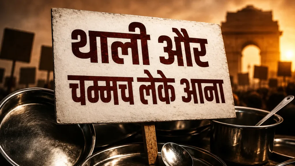 Illustration of steel plates and spoons symbolizing the CJP protest in Delhi with the headline "थाली और चम्मच लेके आना"