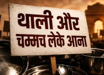 Illustration of steel plates and spoons symbolizing the CJP protest in Delhi with the headline "थाली और चम्मच लेके आना"