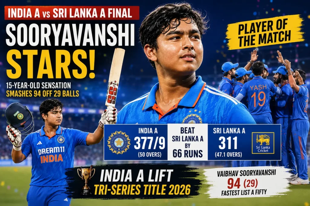 Vaibhav Suryavanshi celebrating after scoring 94 runs off 29 balls during the India A vs Sri Lanka A tri-series final.