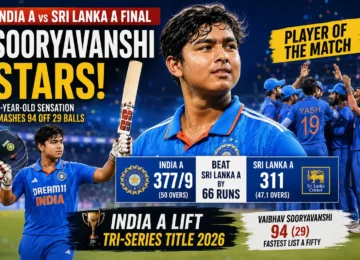 Vaibhav Suryavanshi celebrating after scoring 94 runs off 29 balls during the India A vs Sri Lanka A tri-series final.