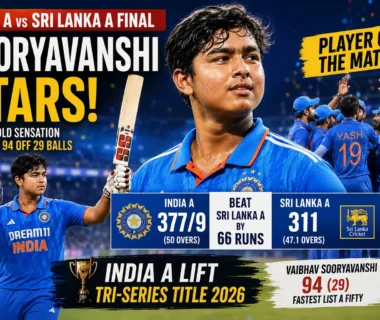 Vaibhav Suryavanshi celebrating after scoring 94 runs off 29 balls during the India A vs Sri Lanka A tri-series final.
