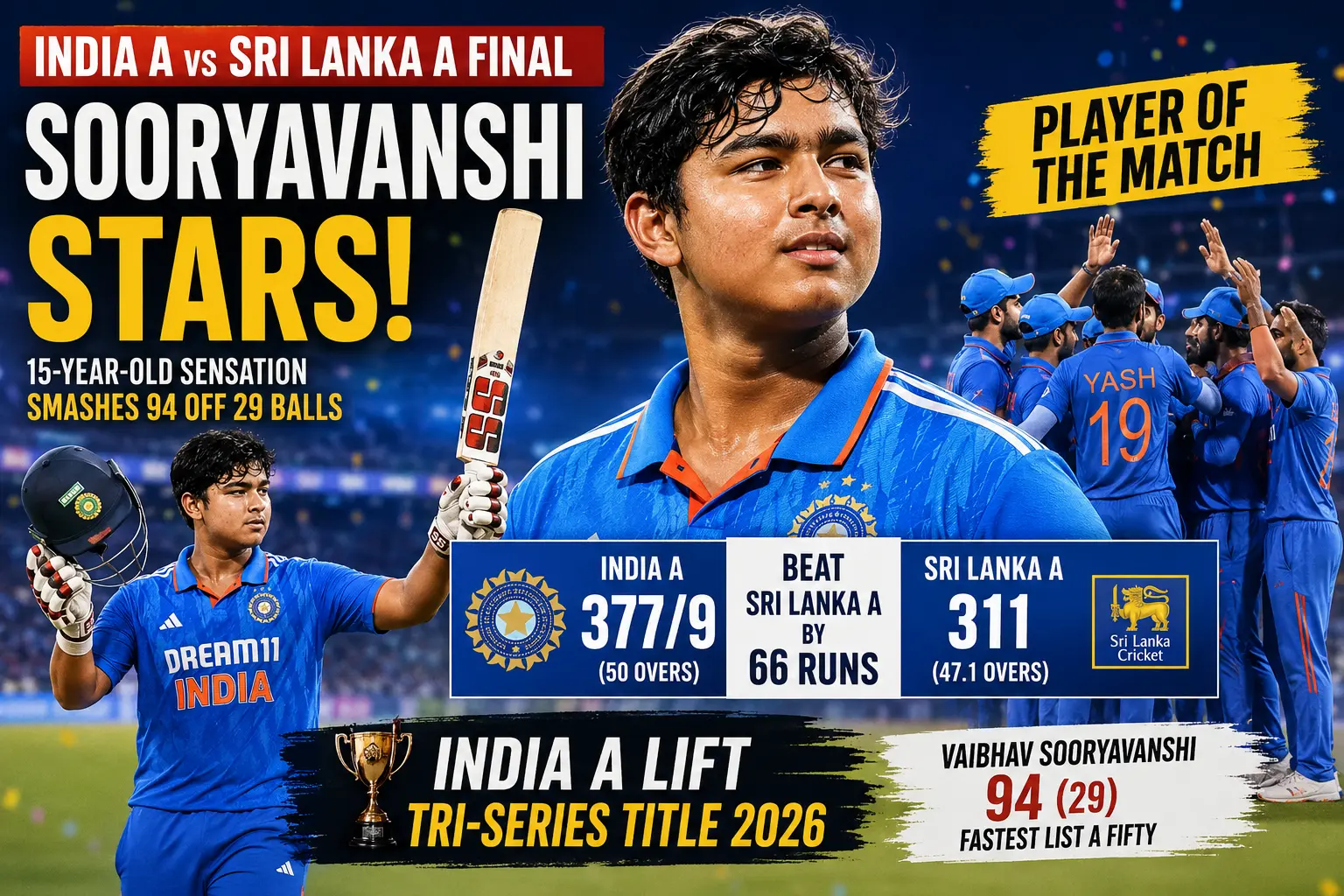 Vaibhav Suryavanshi celebrating after scoring 94 runs off 29 balls during the India A vs Sri Lanka A tri-series final.