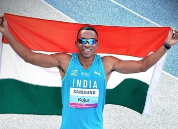 Animesh Kujur celebrates after clocking the fastest 100m by an Indian on foreign soil during a meet in Germany.