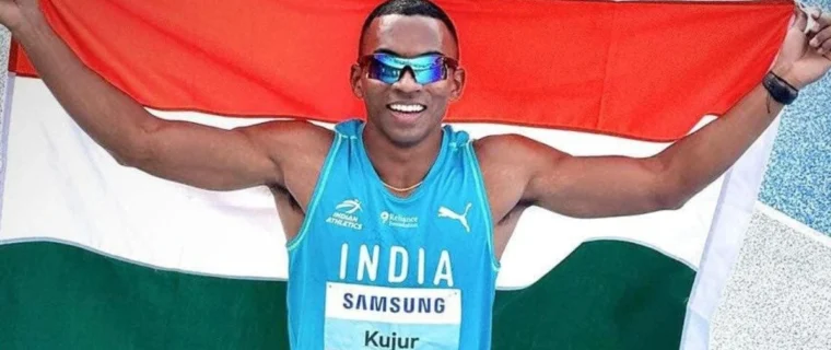 Animesh Kujur celebrates after clocking the fastest 100m by an Indian on foreign soil during a meet in Germany.