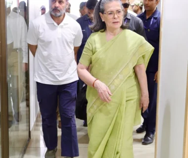 Sonia Gandhi and Rahul Gandhi outside the Delhi High Court during the National Herald case hearing.