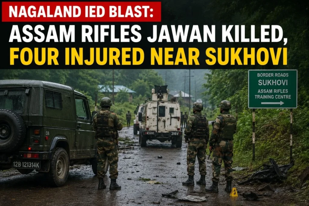 Security personnel inspect the site of the Nagaland IED blast near Sukhovi after an attack on an Assam Rifles vehicle.