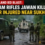 Security personnel inspect the site of the Nagaland IED blast near Sukhovi after an attack on an Assam Rifles vehicle.
