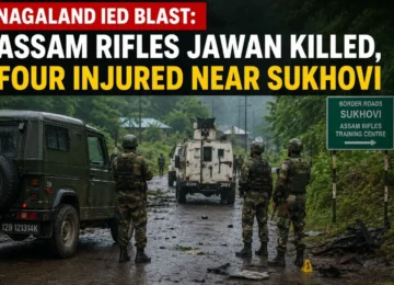 Security personnel inspect the site of the Nagaland IED blast near Sukhovi after an attack on an Assam Rifles vehicle.