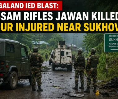 Security personnel inspect the site of the Nagaland IED blast near Sukhovi after an attack on an Assam Rifles vehicle.