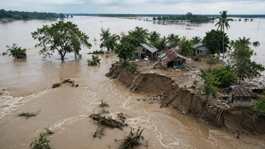 Assam Floods damage in Sivasagar after floodwaters washed away a village.