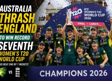 Australia celebrate after winning the Women's T20 World Cup 2026 final against England.