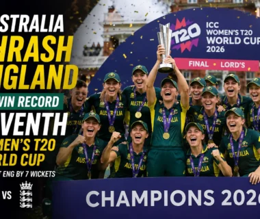Australia celebrate after winning the Women's T20 World Cup 2026 final against England.