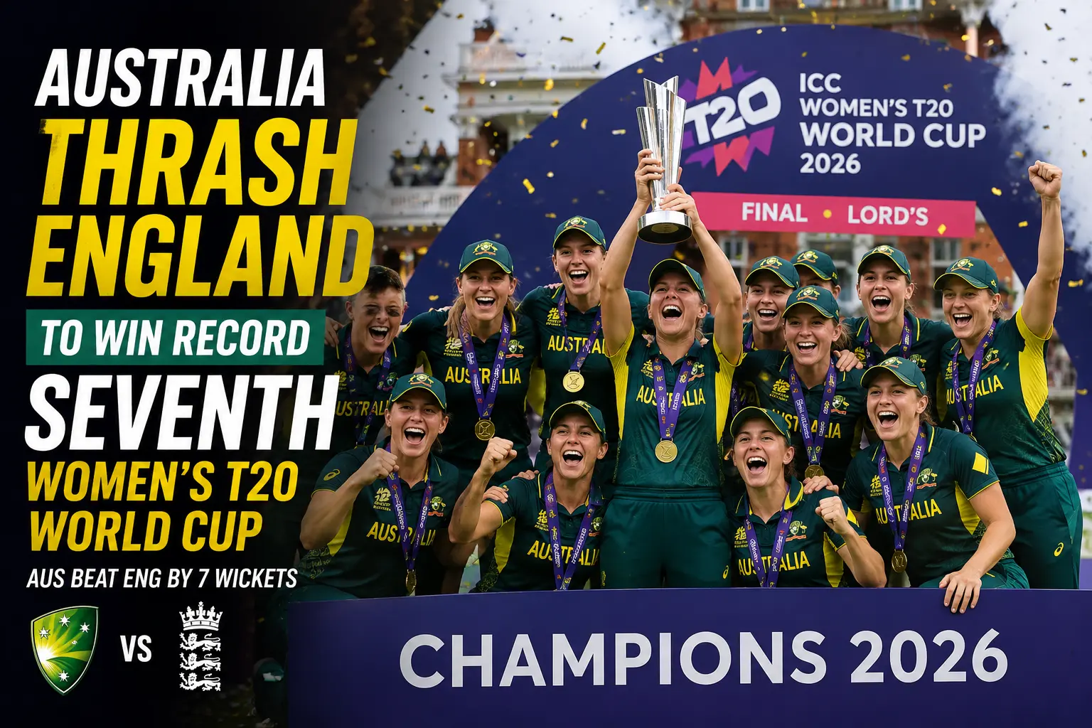 Australia celebrate after winning the Women's T20 World Cup 2026 final against England.