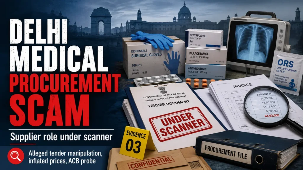 Delhi medical procurement scam graphic showing tender documents, medicines, inflated invoices and ACB investigation