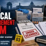 Delhi medical procurement scam graphic showing tender documents, medicines, inflated invoices and ACB investigation