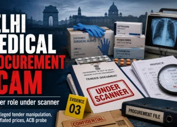 Delhi medical procurement scam graphic showing tender documents, medicines, inflated invoices and ACB investigation