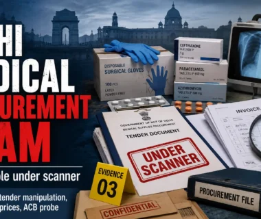 Delhi medical procurement scam graphic showing tender documents, medicines, inflated invoices and ACB investigation