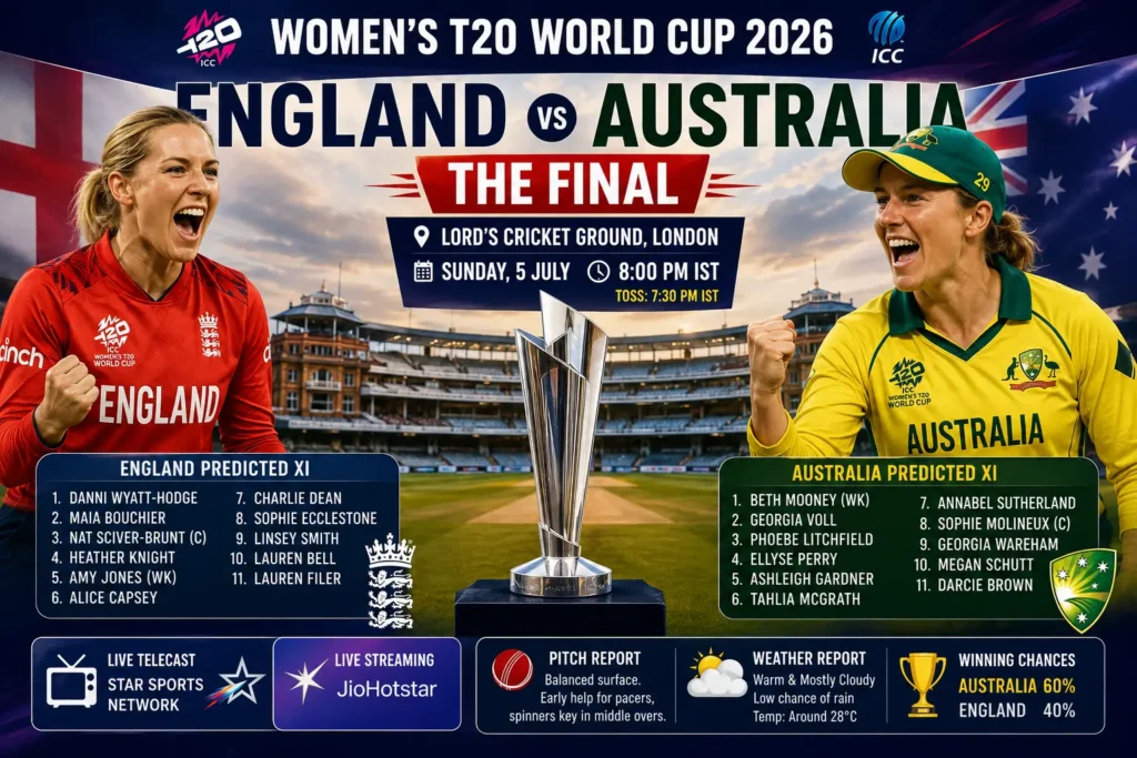 England vs Australia Women's T20 World Cup 2026 Final at Lord's Cricket Ground featuring cricket stadium, trophy and match atmosphere