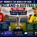 England vs Australia Women's T20 World Cup 2026 Final at Lord's Cricket Ground featuring cricket stadium, trophy and match atmosphere
