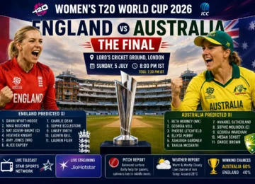 England vs Australia Women's T20 World Cup 2026 Final at Lord's Cricket Ground featuring cricket stadium, trophy and match atmosphere