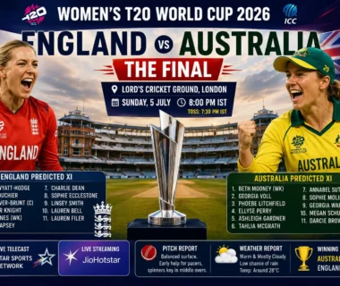 England vs Australia Women's T20 World Cup 2026 Final at Lord's Cricket Ground featuring cricket stadium, trophy and match atmosphere