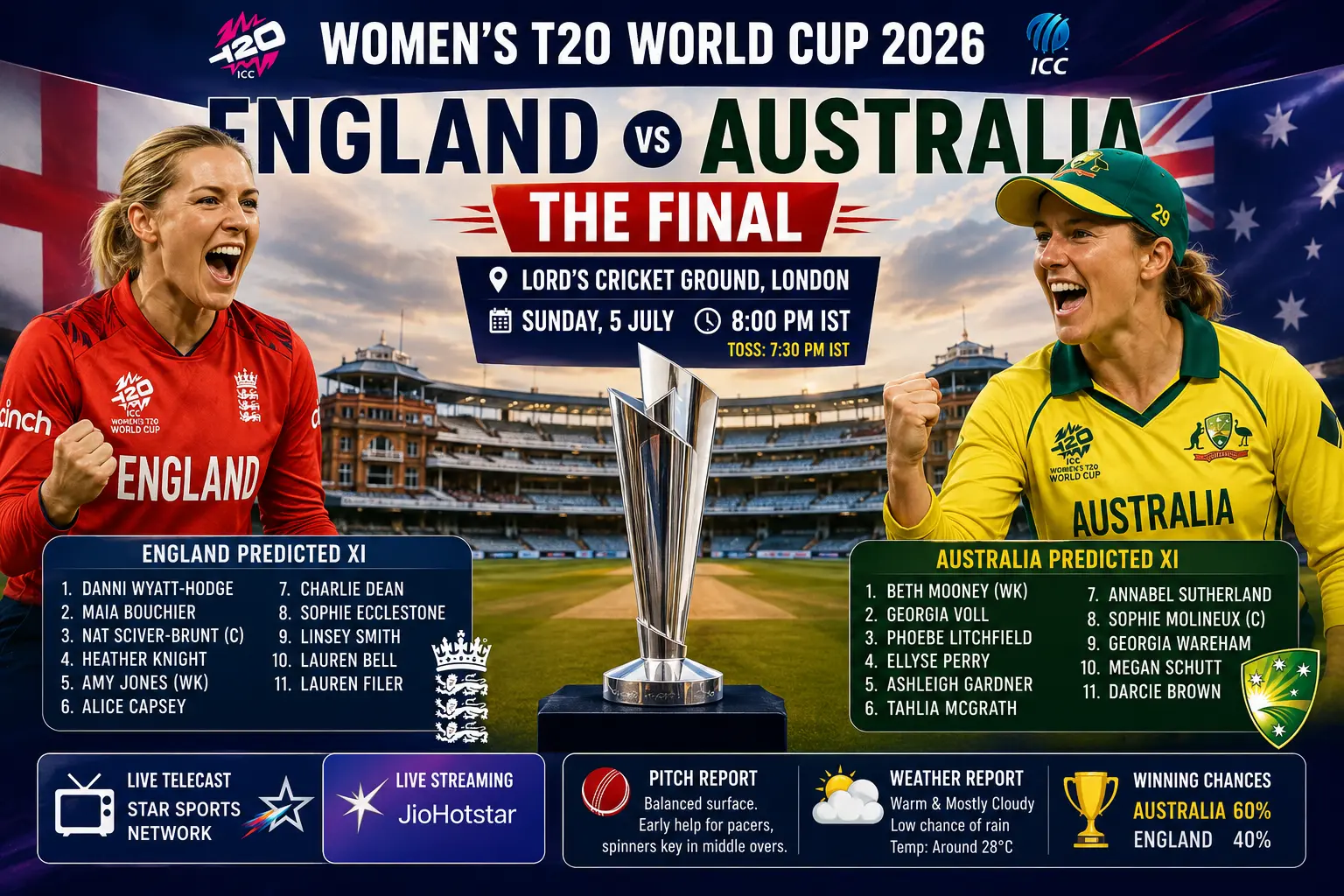 England vs Australia Women's T20 World Cup 2026 Final at Lord's Cricket Ground featuring cricket stadium, trophy and match atmosphere