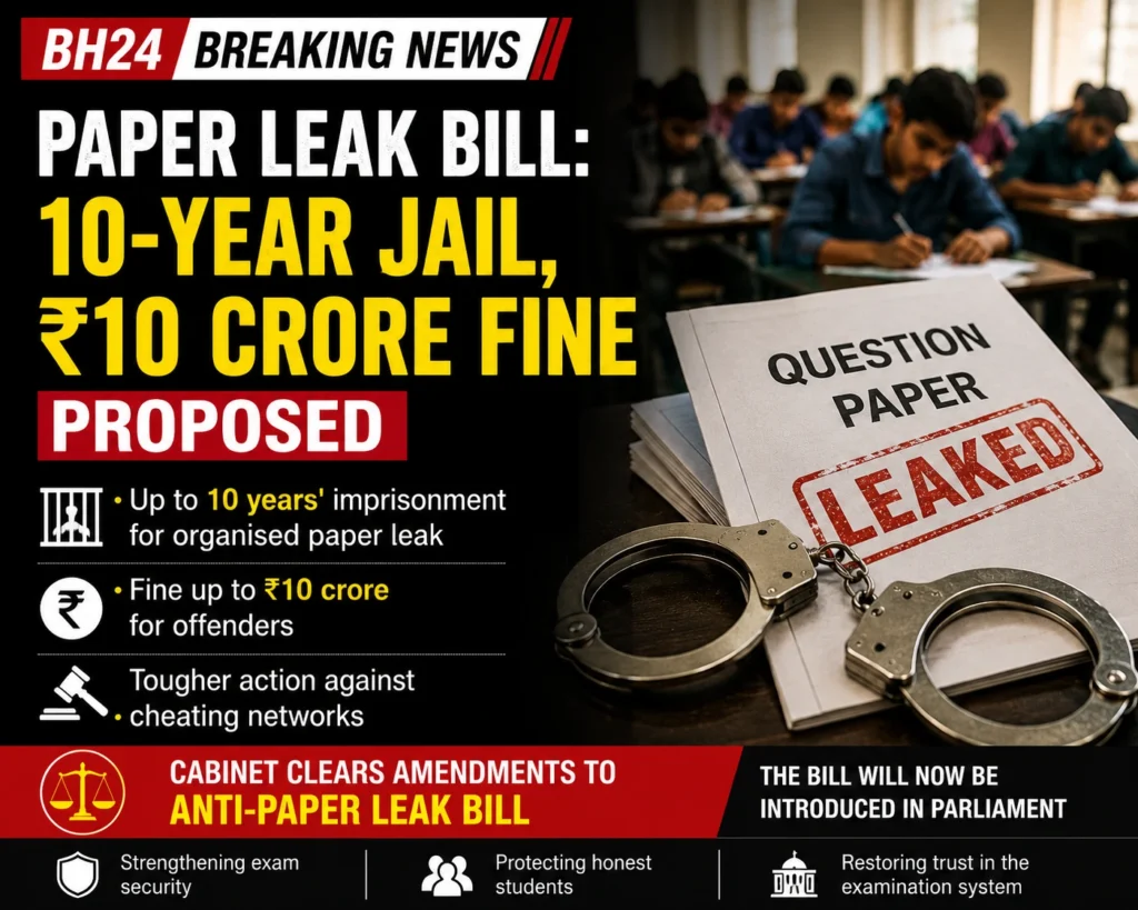Graphic showing the proposed Anti-Paper Leak Bill with a leaked question paper, handcuffs, and students taking an exam. The design highlights proposed penalties of up to 10 years' imprisonment and a ₹10 crore fine for organised paper leak offences.