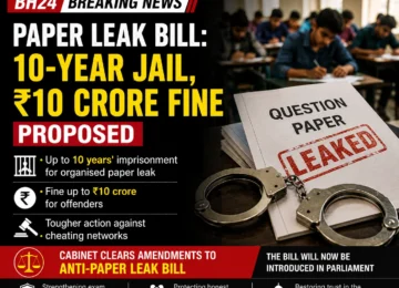 Graphic showing the proposed Anti-Paper Leak Bill with a leaked question paper, handcuffs, and students taking an exam. The design highlights proposed penalties of up to 10 years' imprisonment and a ₹10 crore fine for organised paper leak offences.