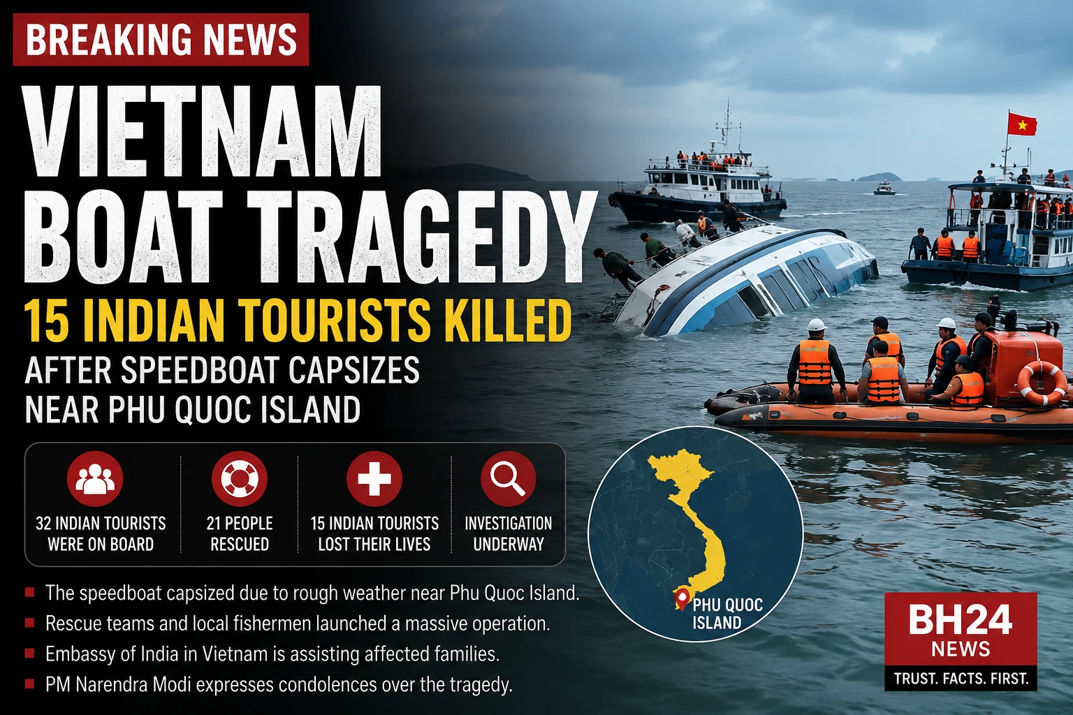 Rescue teams search the sea after the Vietnam boat tragedy near Phu Quoc Island.