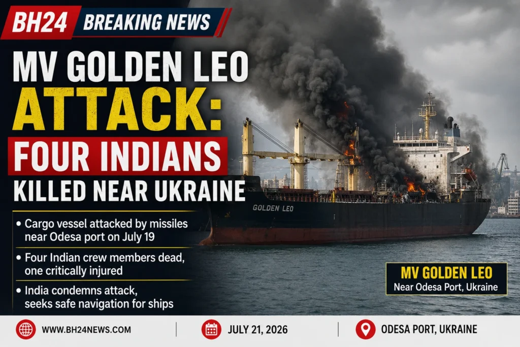 Smoke rises from cargo vessel MV Golden Leo after a missile attack near Ukraine's Odesa port that killed four Indian crew members.