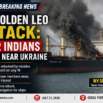 Smoke rises from cargo vessel MV Golden Leo after a missile attack near Ukraine's Odesa port that killed four Indian crew members.