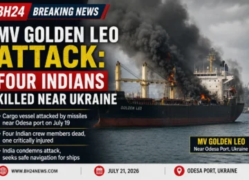 Smoke rises from cargo vessel MV Golden Leo after a missile attack near Ukraine's Odesa port that killed four Indian crew members.