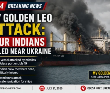 Smoke rises from cargo vessel MV Golden Leo after a missile attack near Ukraine's Odesa port that killed four Indian crew members.