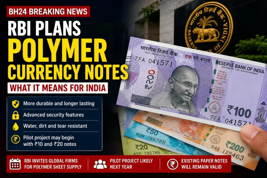 RBI polymer currency notes concept showing Indian rupee notes as the Reserve Bank of India plans to introduce durable plastic banknotes with enhanced security features.