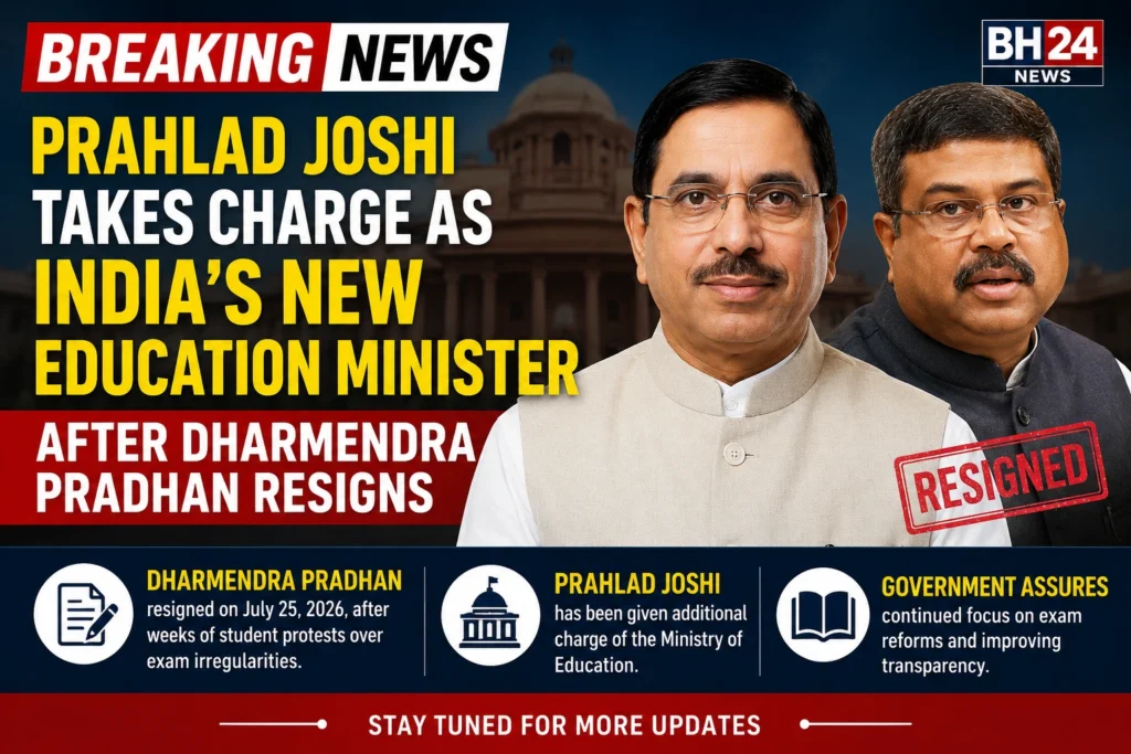 Prahlad Joshi takes charge as India's new Education Minister after Dharmendra Pradhan resigned amid nationwide student protests over alleged exam irregularities.
