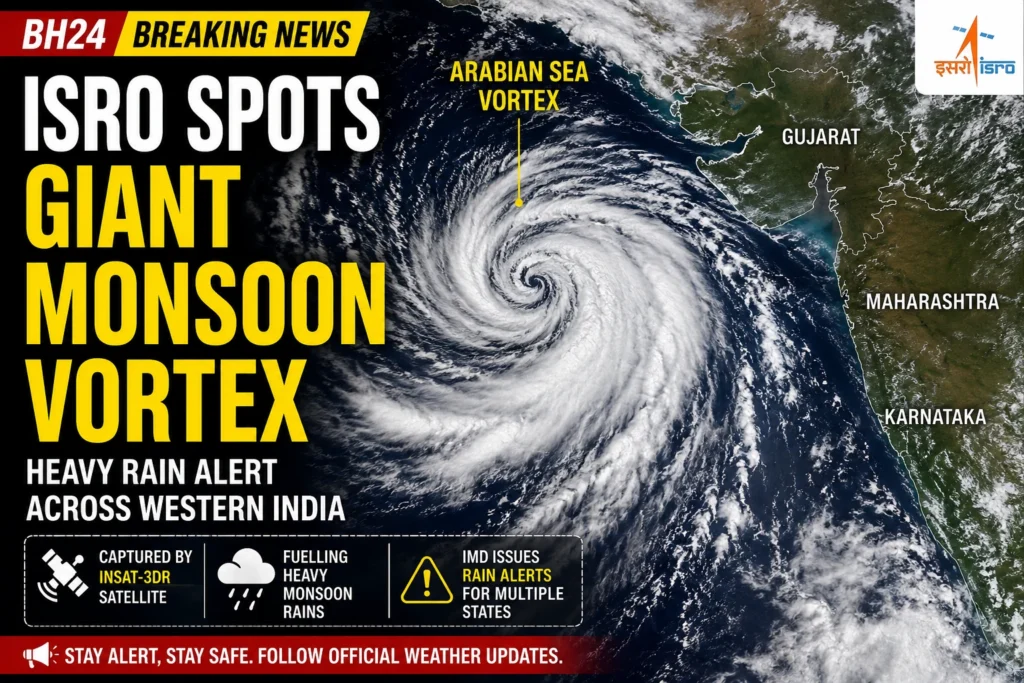 ISRO satellite image showing a giant Arabian Sea vortex driving heavy monsoon rainfall over western India, with IMD rain alerts issued for Gujarat and nearby states.