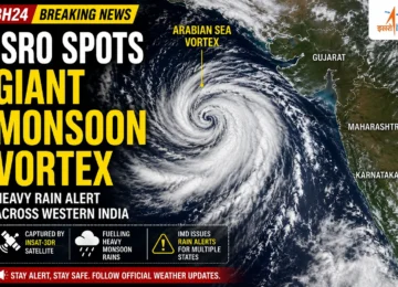 ISRO satellite image showing a giant Arabian Sea vortex driving heavy monsoon rainfall over western India, with IMD rain alerts issued for Gujarat and nearby states.