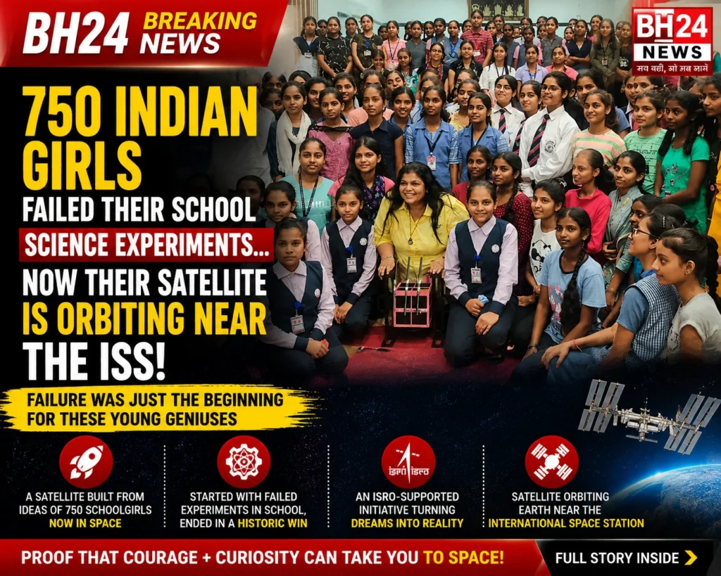 Indian schoolgirls celebrating after their satellite mission reached orbit near the International Space Station.