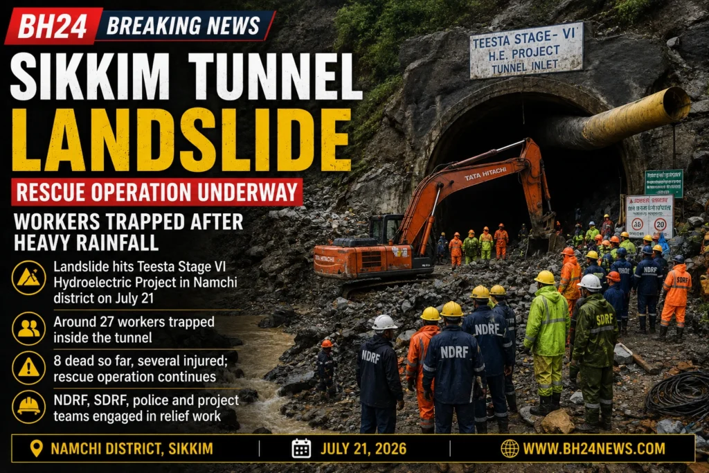 Rescue teams work outside the collapsed Teesta Stage VI tunnel in Sikkim after a landslide trapped workers during heavy rainfall
