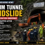 Rescue teams work outside the collapsed Teesta Stage VI tunnel in Sikkim after a landslide trapped workers during heavy rainfall
