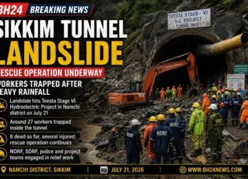Rescue teams work outside the collapsed Teesta Stage VI tunnel in Sikkim after a landslide trapped workers during heavy rainfall