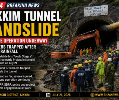 Rescue teams work outside the collapsed Teesta Stage VI tunnel in Sikkim after a landslide trapped workers during heavy rainfall