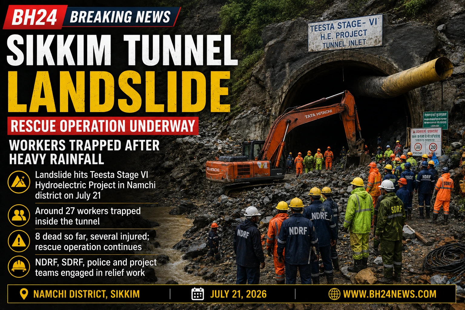 Rescue teams work outside the collapsed Teesta Stage VI tunnel in Sikkim after a landslide trapped workers during heavy rainfall